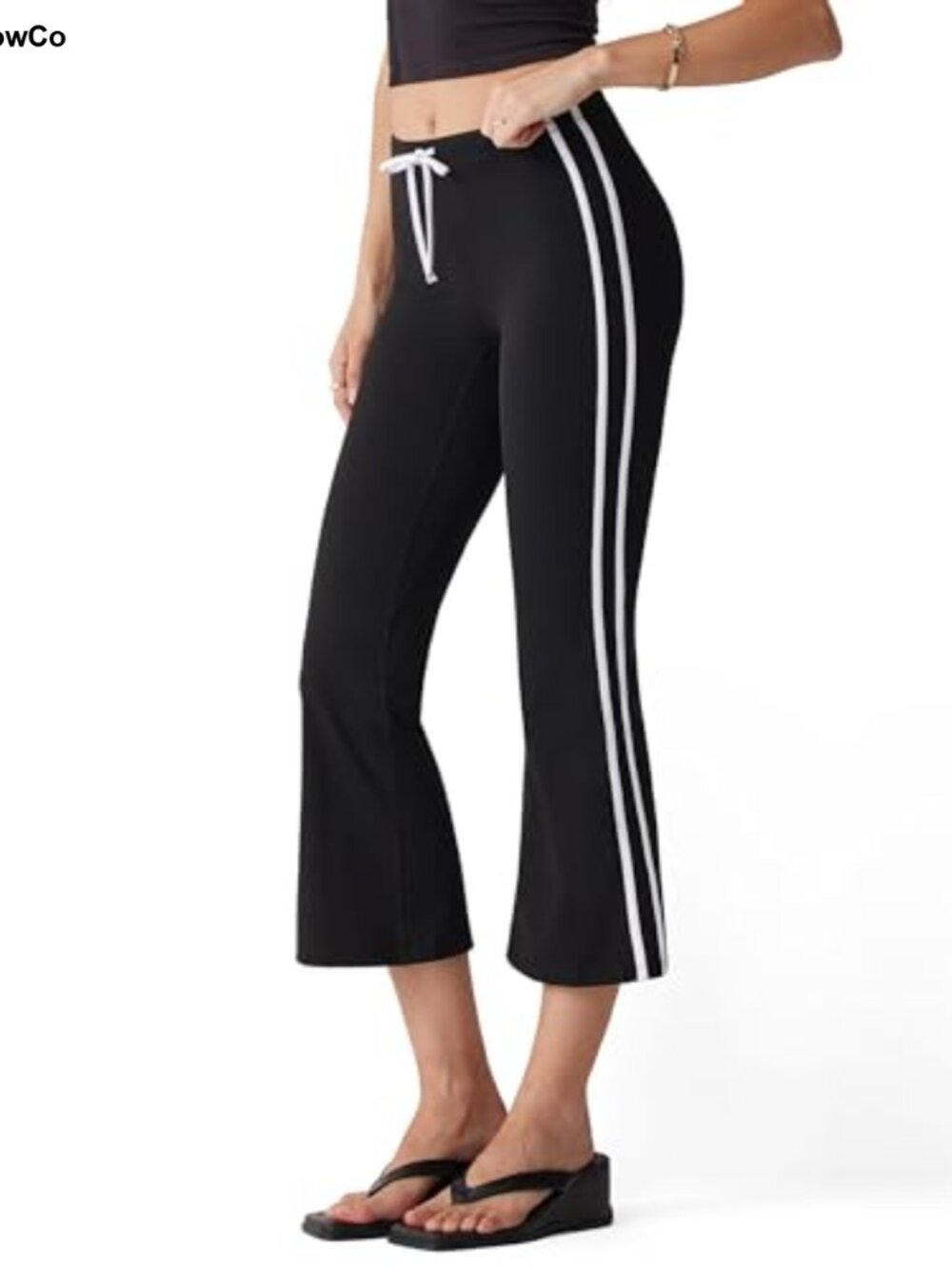 High Waisted Flare Capri Yoga Pants with Side Stripe and Drawstring